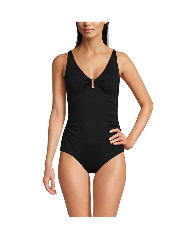 Lands End Womens Chlorine Resistant Shirred V-neck One Piece Swimsuit Product Image