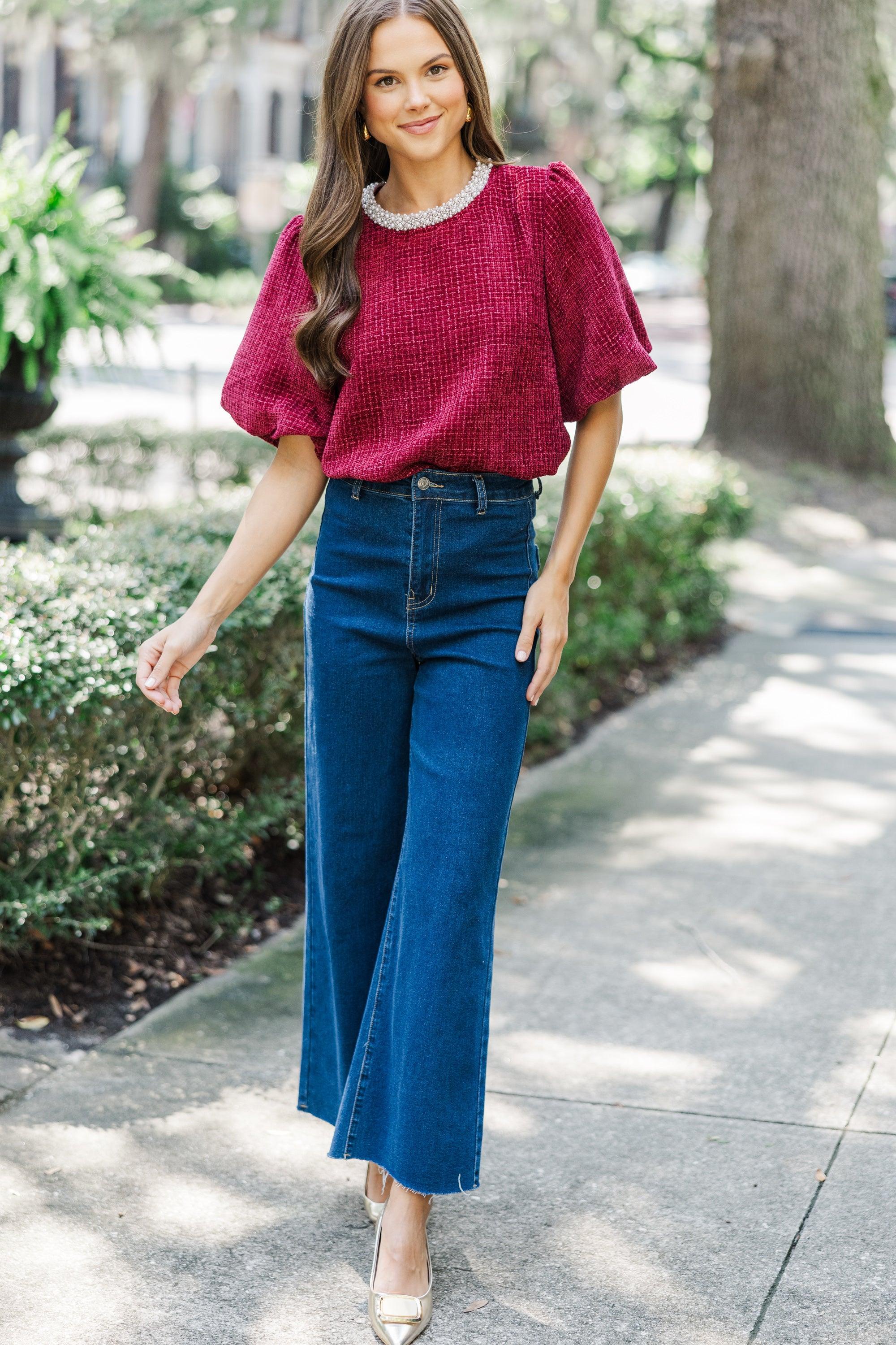 Calling On You Burgundy Red Tweed Blouse Female Product Image