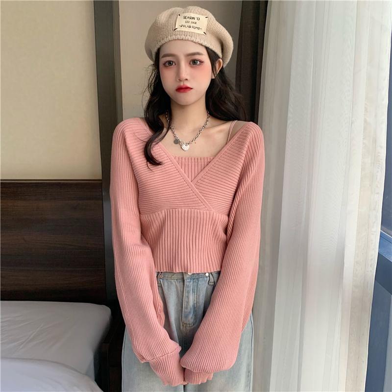 Long-Sleeve Mock Two-Piece Ribbed Knit Top Product Image