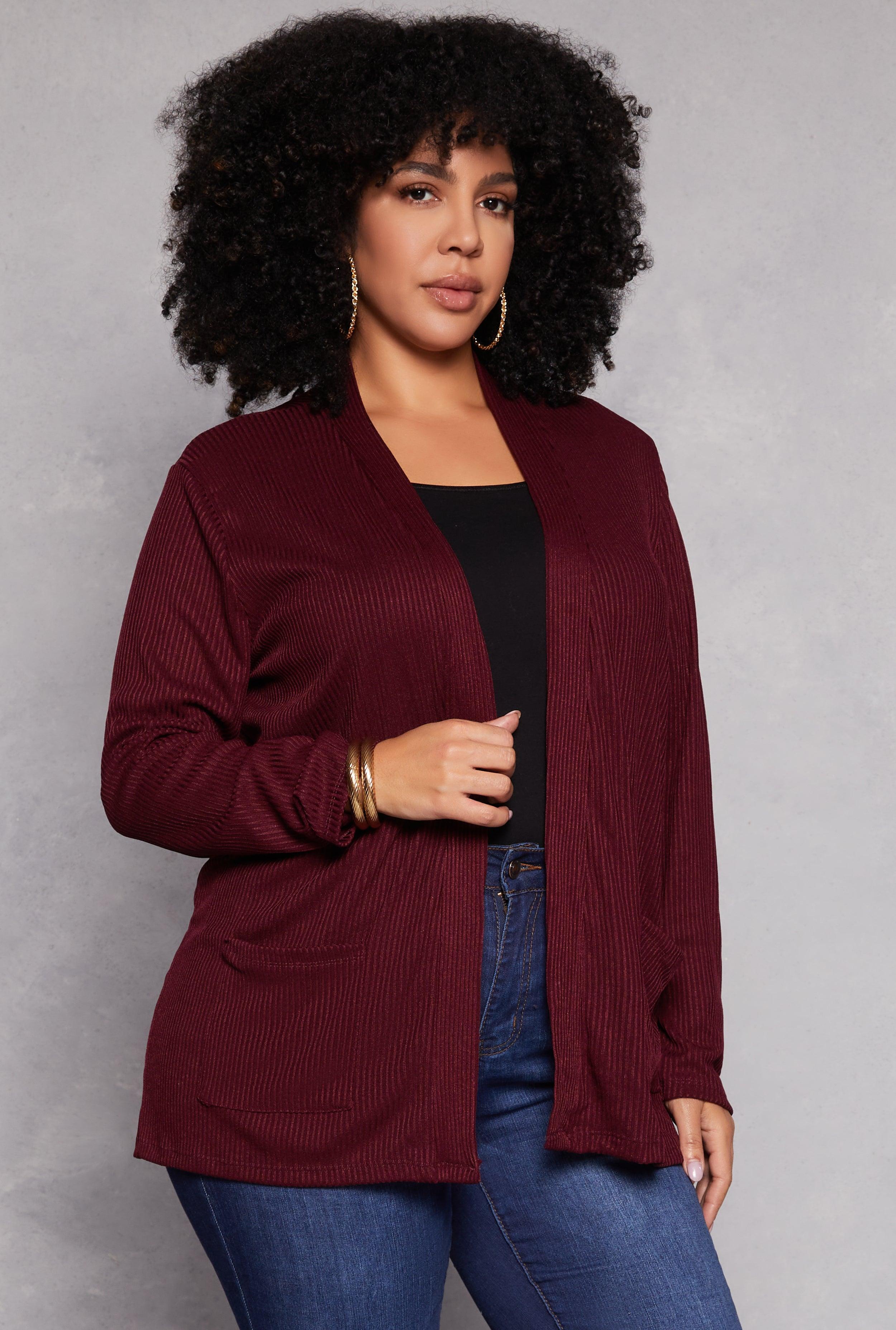 Womens Plus Size Ribbed Knit Open Front Cardigan Product Image