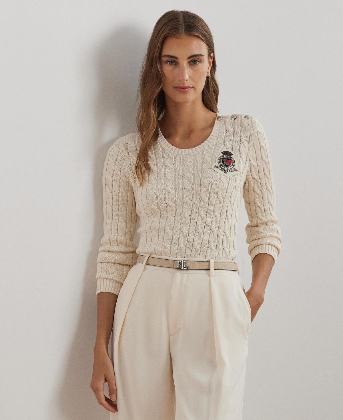 Lauren Ralph Lauren Womens Button-Trim Cable-Knit Cotton Sweater Product Image