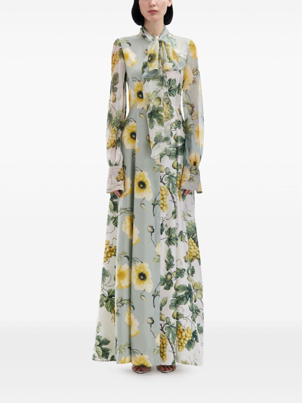 OSCAR DE LA RENTA Tie-detailed Chiffon-trimmed Printed Silk-twill Gown In Multi Product Image