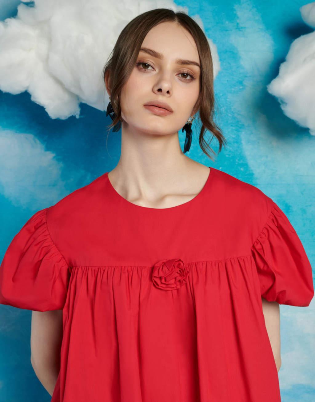 Sister Jane rosette puff sleeve smock top in red Product Image