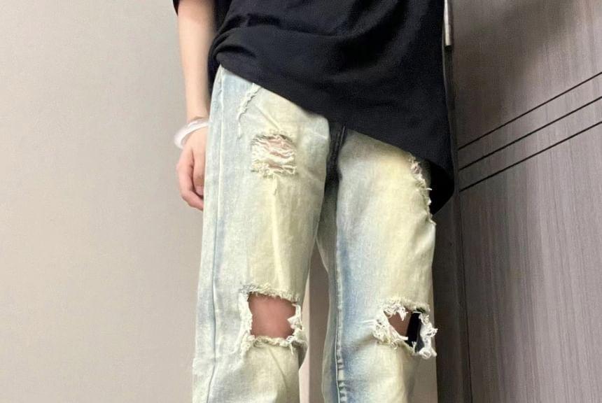 High Waist Washed Distressed Straight Leg Jeans product image