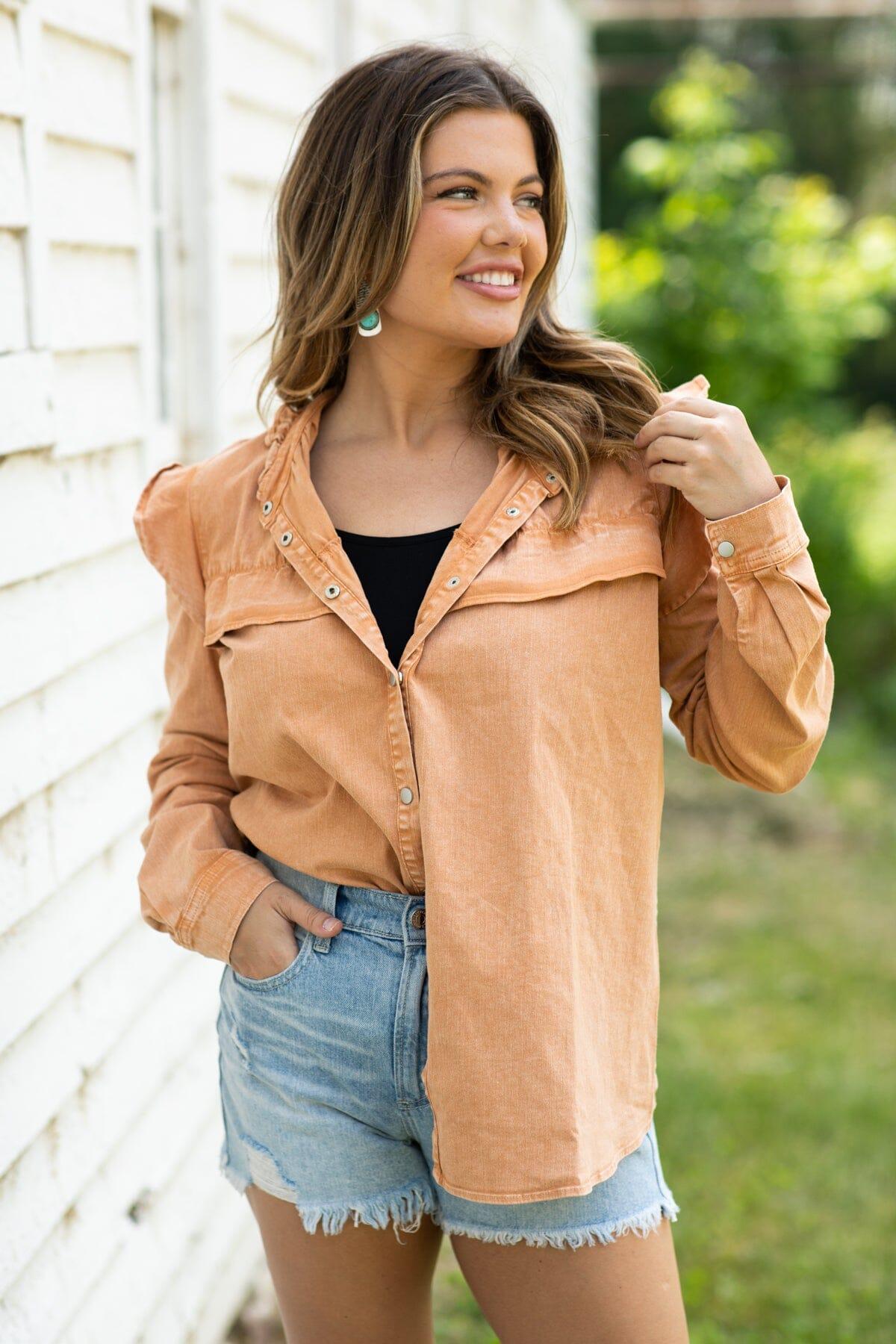 Cinnamon Button Up Flutter Sleeve Detail Top Product Image