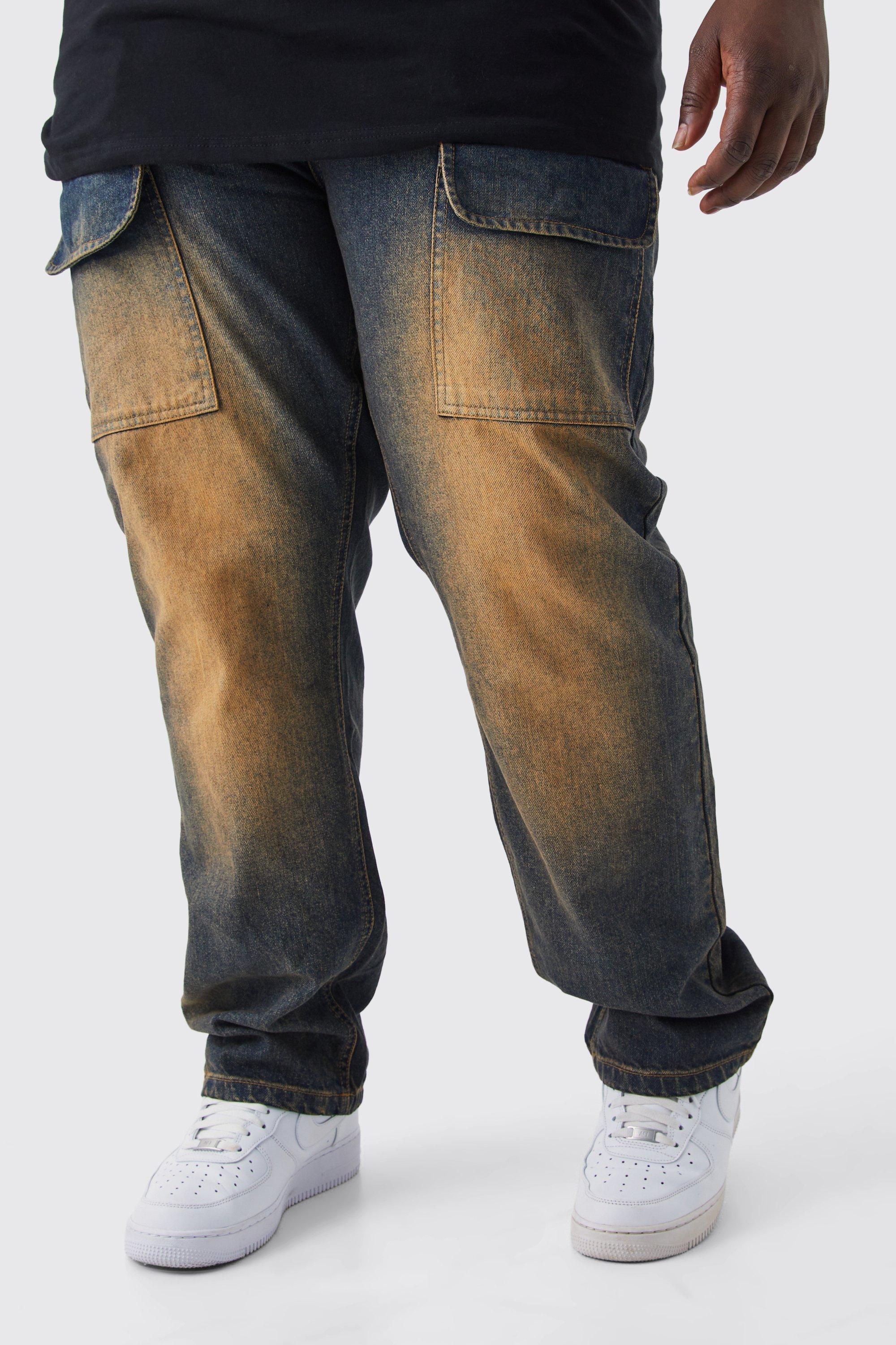 Plus Straight Rigid Ripped Tinted Cargo Jean | boohooMAN USA Product Image