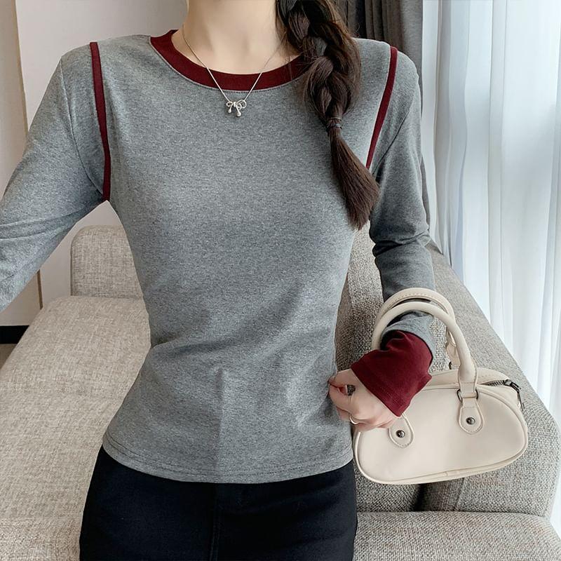 Long-Sleeve Crew Neck Two Tone Tee Product Image