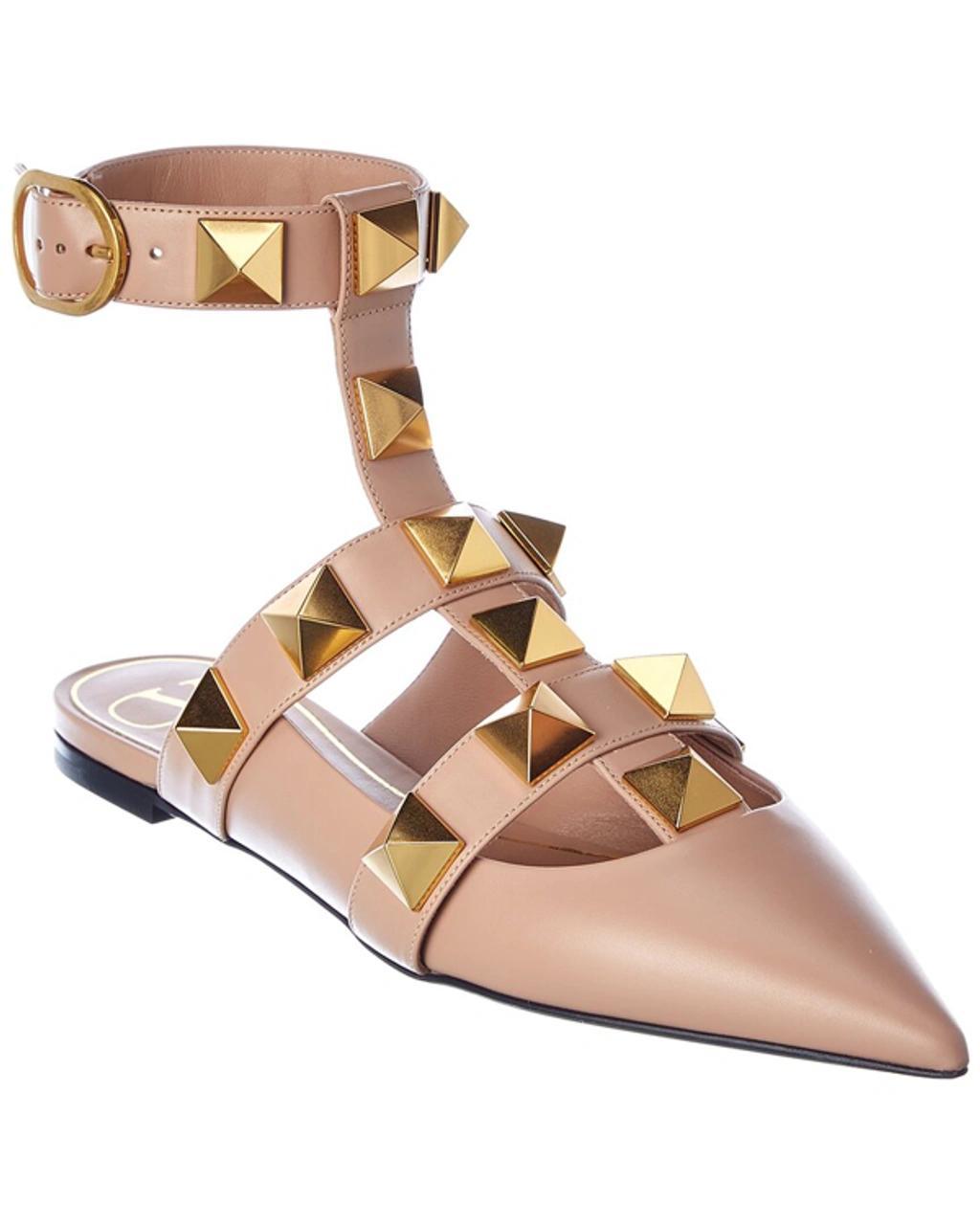 Roman Stud Leather Ankle Strap Flat In Pink Product Image