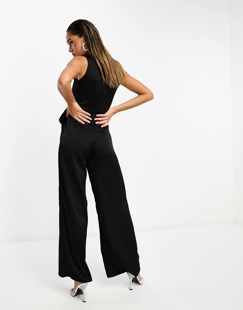 TFNC satin wrap jumpsuit in black  Product Image