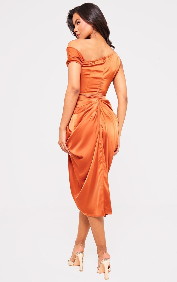 Rust Satin Off The Shoulder Draped Skirt Midi Dress Product Image