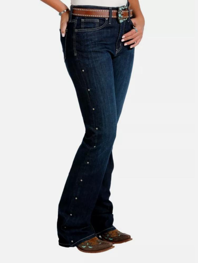 Cruel Girl® Ladies' Skylar HR Studded Dark Rinse Boot Cut Jeans Product Image