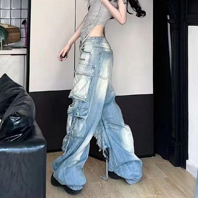 Low Waist Washed Ripped Wide Leg Cargo Jeans Product Image