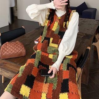 Long-Sleeve Mock Neck Plain T-Shirt / Crew Neck Color Block Frill Trim Midi Overall Dress Product Image