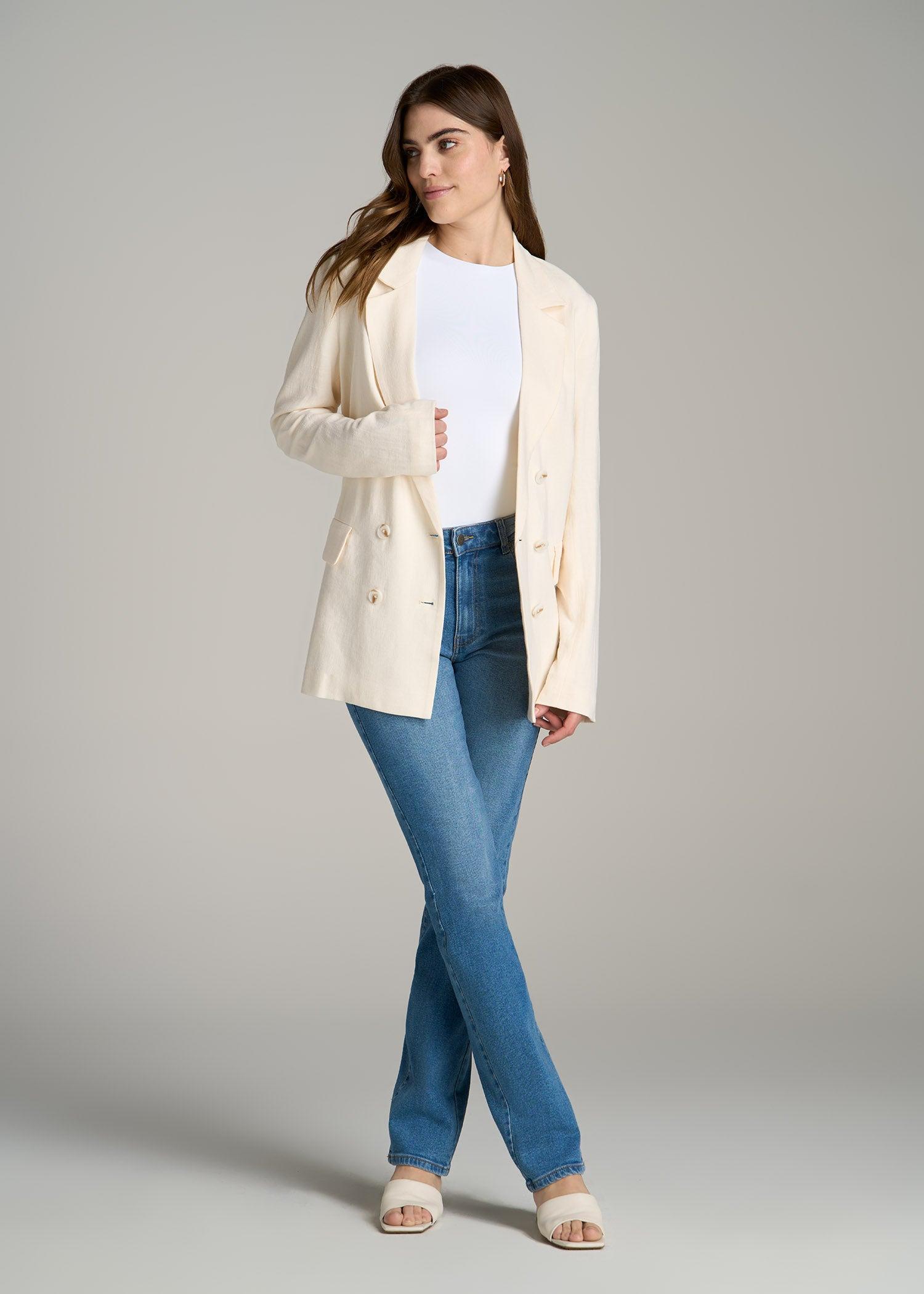 Linen Blend Tie Back Blazer For Tall Women in White Alyssum Female Product Image