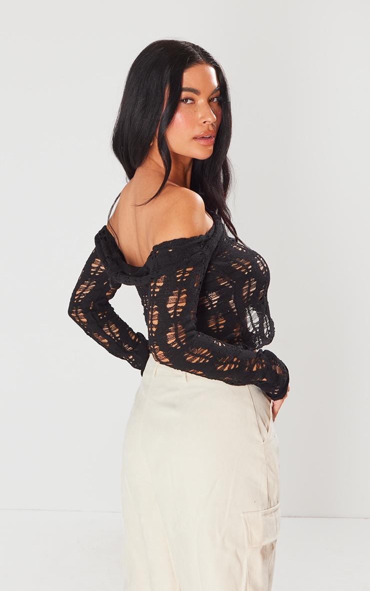 Black Distressed Knit Bardot Long Sleeved Top Product Image