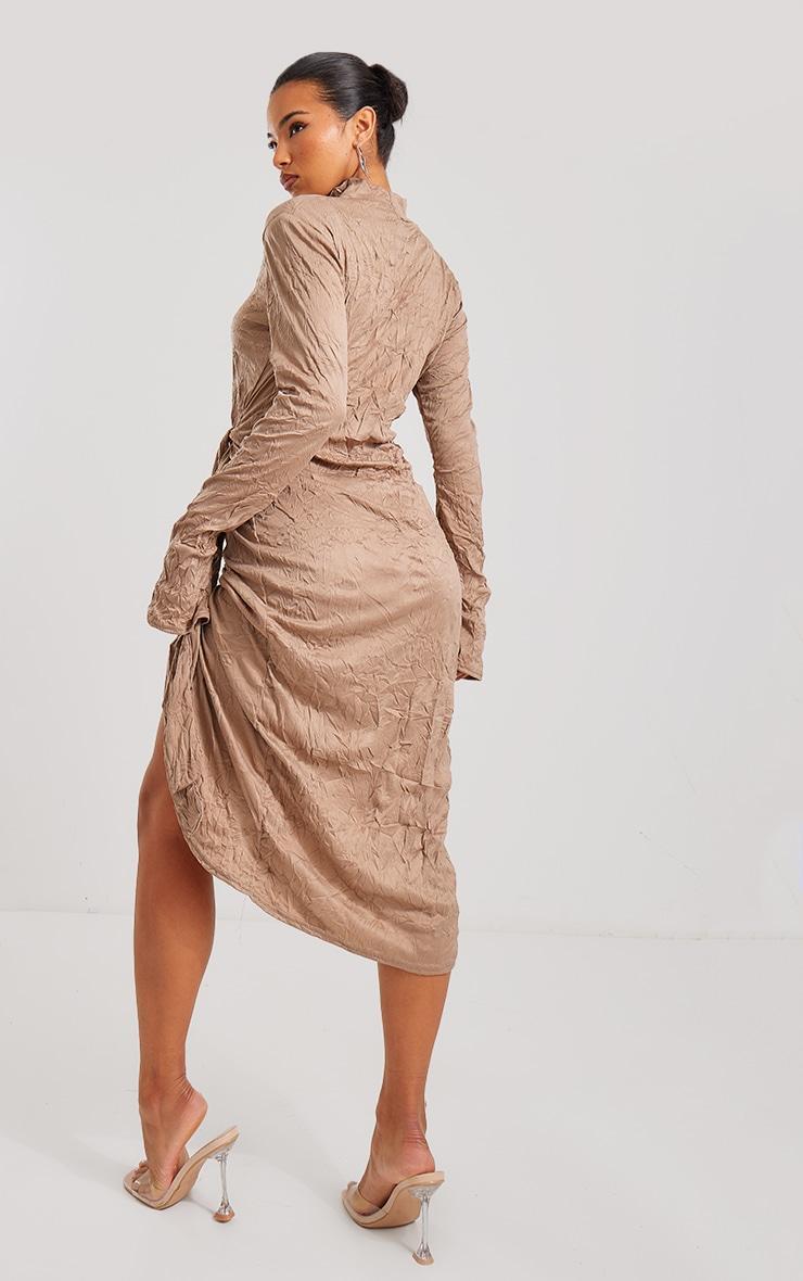 Mocha Crinkle High Neck Wrap Midi Dress Product Image