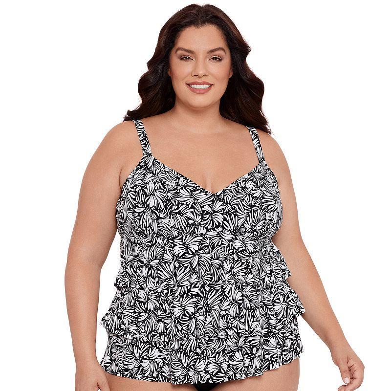 Plus Size Bal Harbour Tiered Faukini One-Piece Swimsuit, Womens Black Wht Product Image