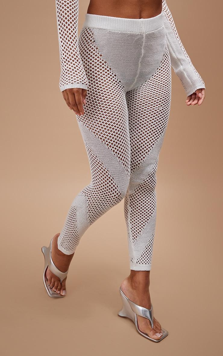 White Crochet Knit Contrast Panel Leggings Product Image