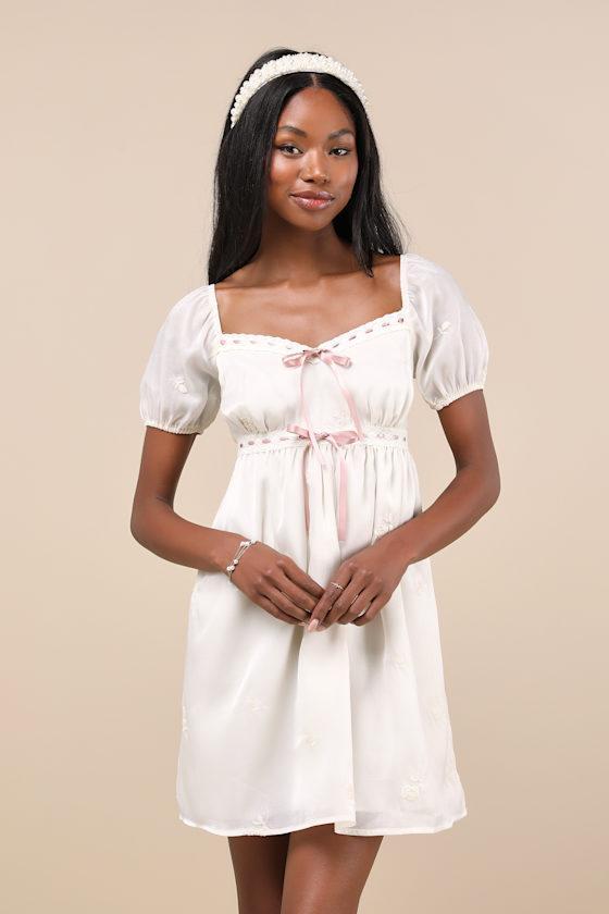 Coquette Crush Cream Embroidered Puff Sleeve Ribbon Mini Dress product image