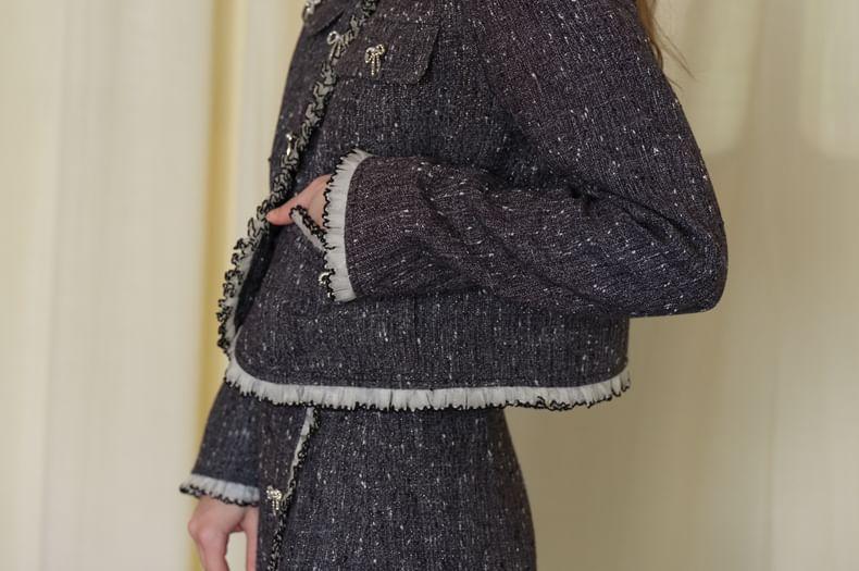 Frill Trim Button-Up Tweed Jacket / Asymmetrical Skirt Product Image