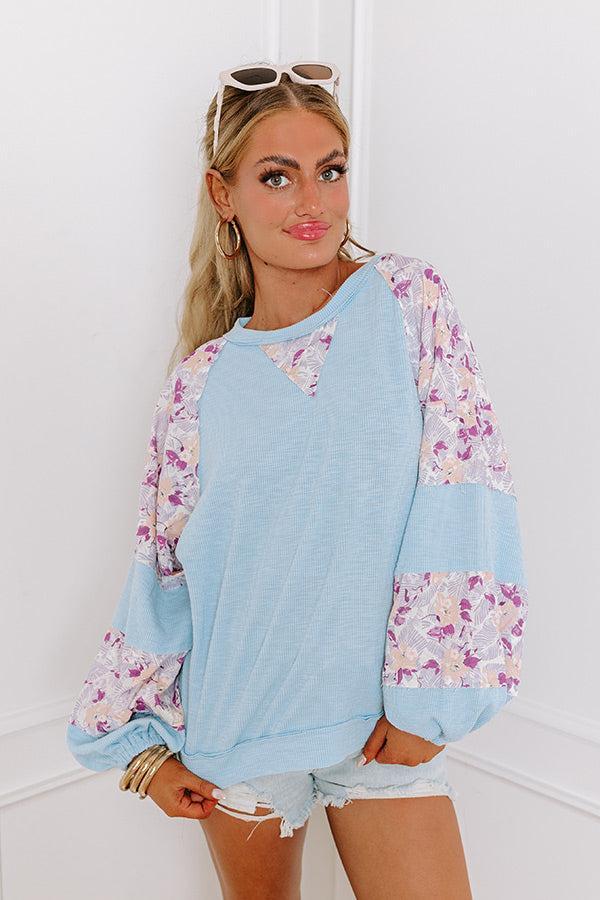 Floral Hint Ribbed Top in Sky Blue Product Image