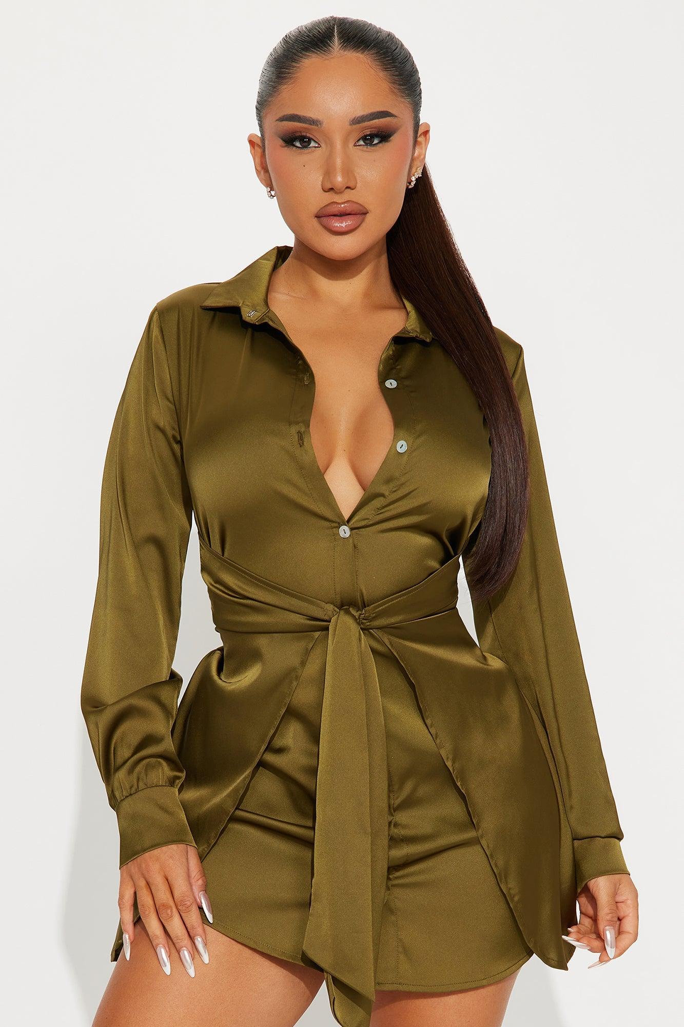 Jennifer Satin Mini Dress - Olive Product Image