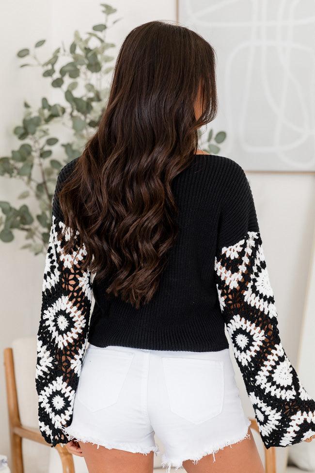 Forever Wondering Black and Ivory Crochet Sleeve Sweater Product Image