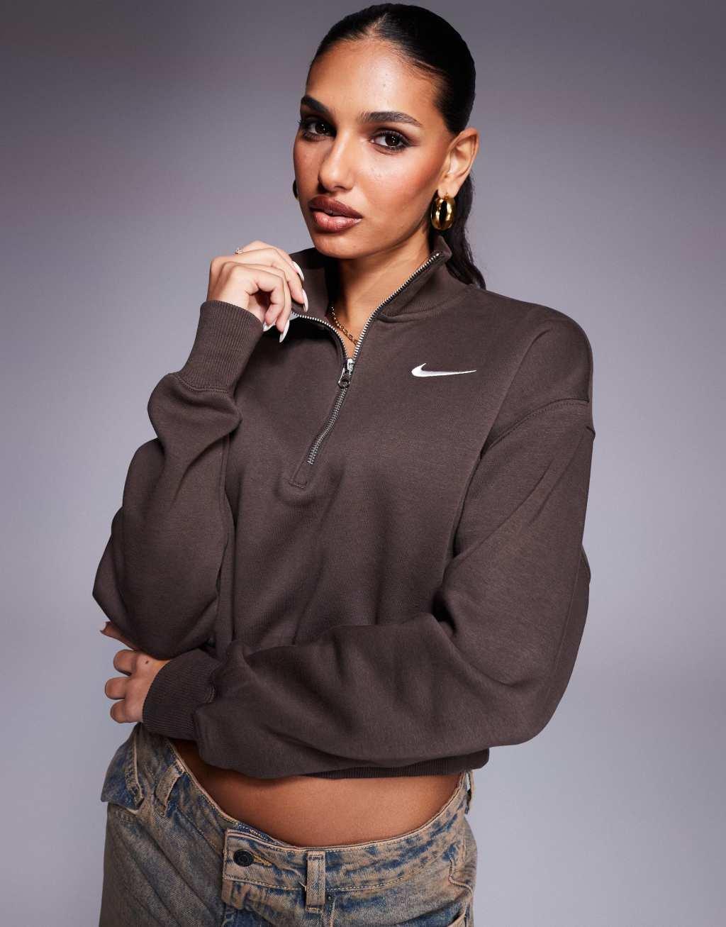 Nike Phoenix Fleece half zip cropped sweatshirt in brown Product Image