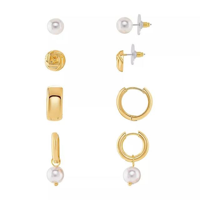 Emberly Gold Tone Simulated Pearl Love Knot Stud, Hoop, & Drop Hoop Earrings 4-pack Set, Womens, Yellow Gold Tone Product Image