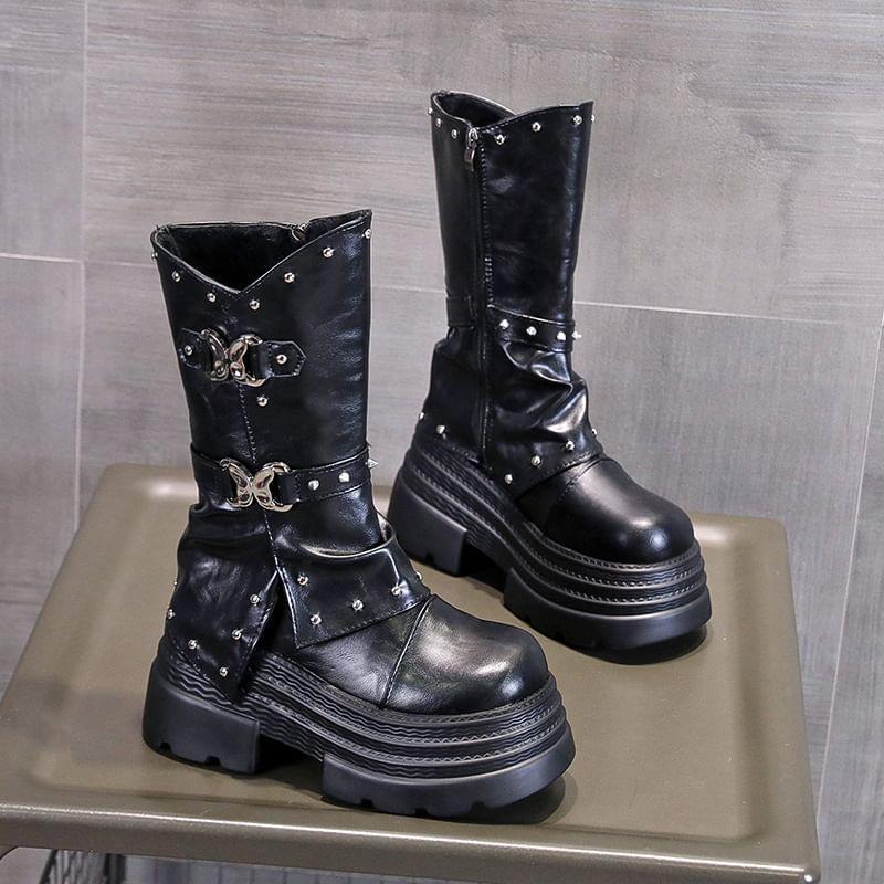 Platform Buckle Mid Calf Boots Product Image