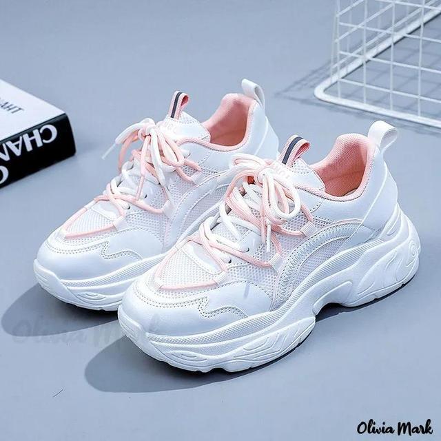 Olivia Mark – Canvas Upper Breathable Thick Sole Low Top White Sneakers Product Image