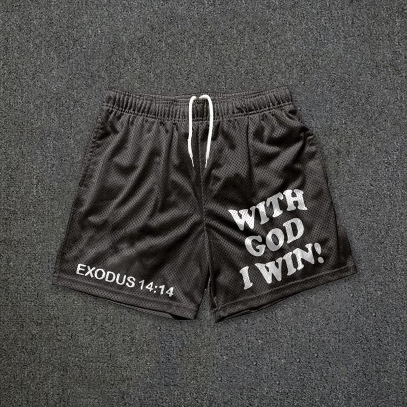 Sopula With God I Win Print Casual Street Mesh Shorts Product Image