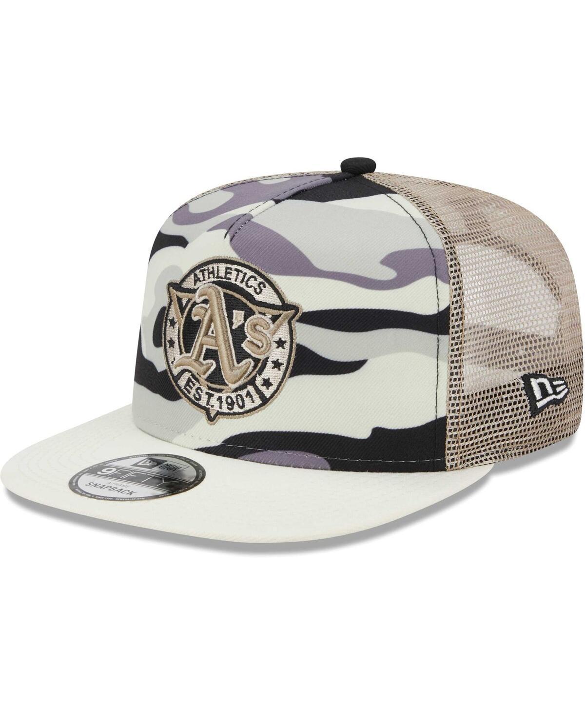 Mens New Era White Oakland Athletics Chrome Camo A-Frame 9FIFTY Trucker Snapback Hat Product Image