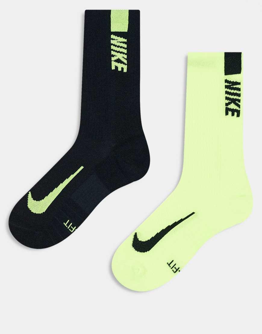 NIKE Running Multiplier 2-pack Crew Socks In Black And Lime Product Image