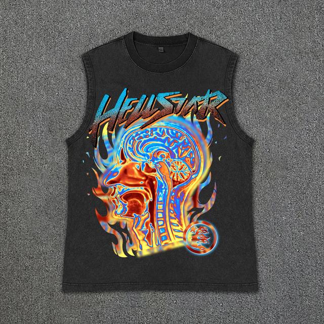 Hellstar Fun Color Flame Avatar Printing Vintage Wash Sleeveless Tank Top Product Image