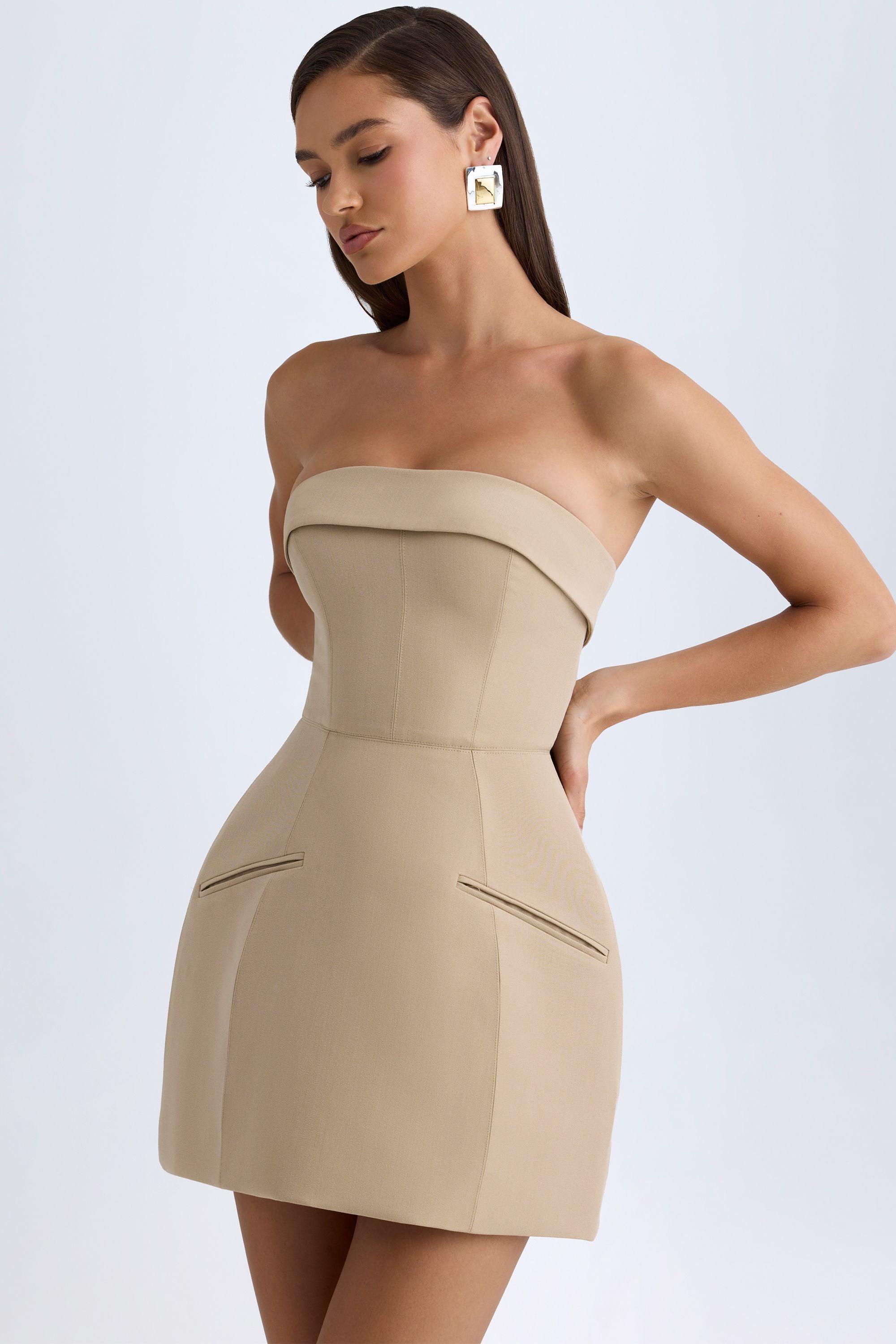 Foldover-Neck Structured Tulip Mini Dress in Camel Product Image