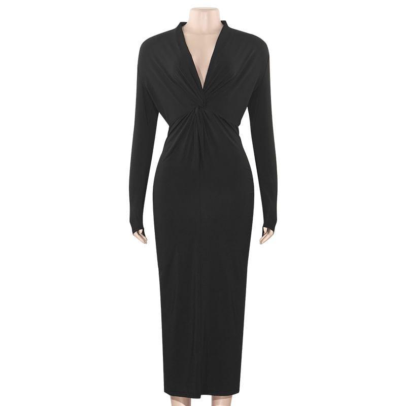 Long-Sleeve V-Neck Plain Knotted Midi Bodycon Dress Product Image