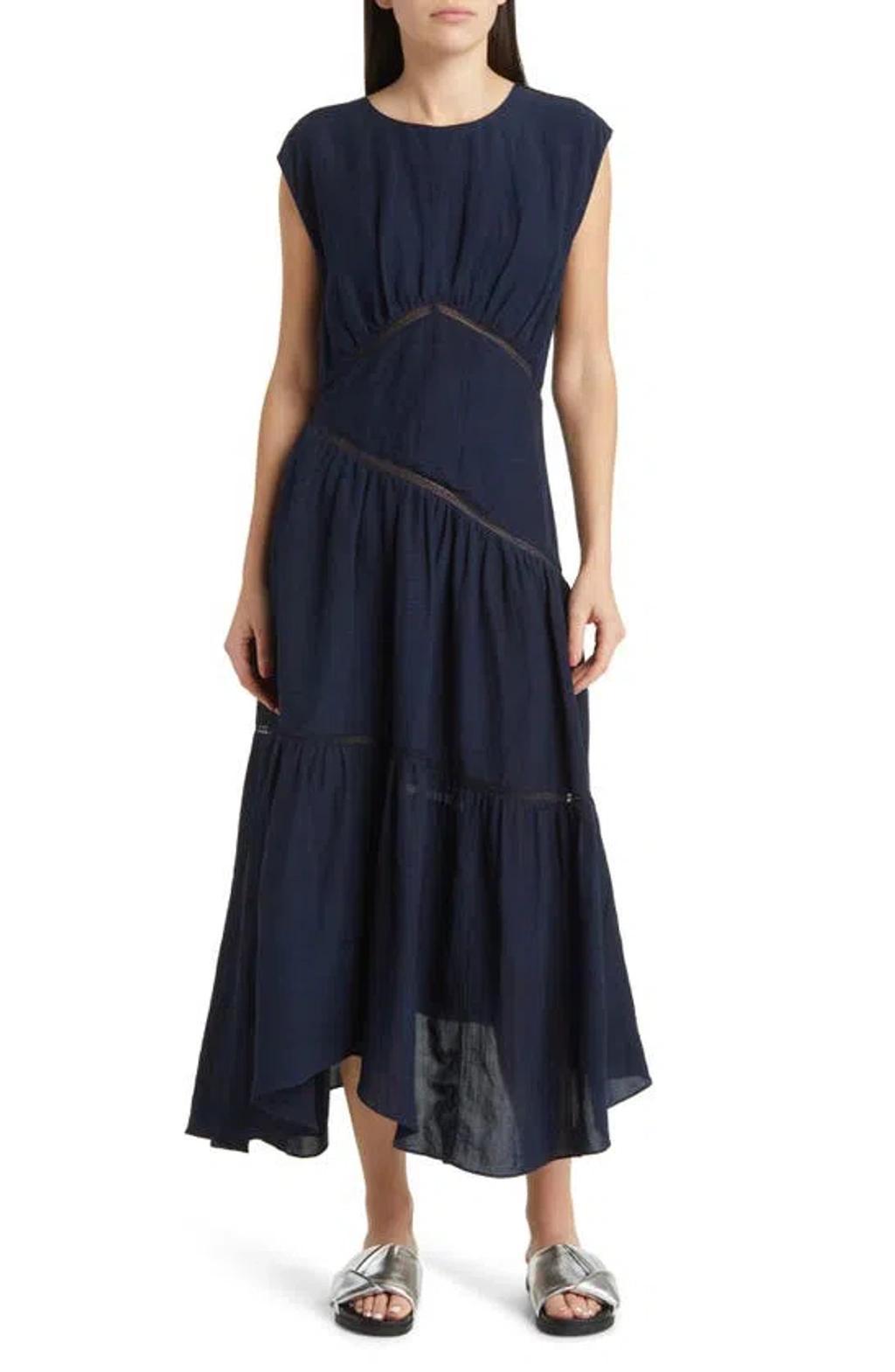 Women's Gathered Linen-blend Handkerchief Midi-dress In Navy Product Image