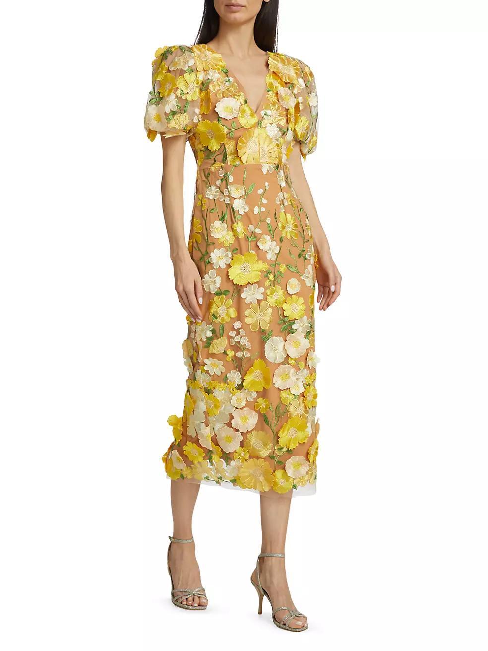 Indie Floral Puff-Sleeve Midi-Dress Product Image