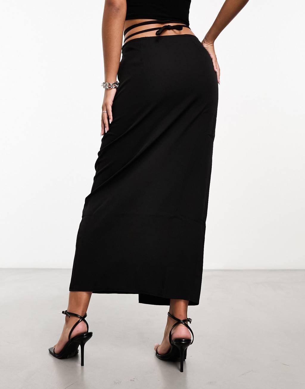 Kaiia tailored tie waist maxi skirt in black Product Image