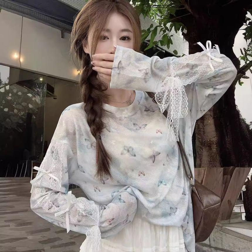 Long-Sleeve Round Neck Printed Bow T-Shirt Product Image