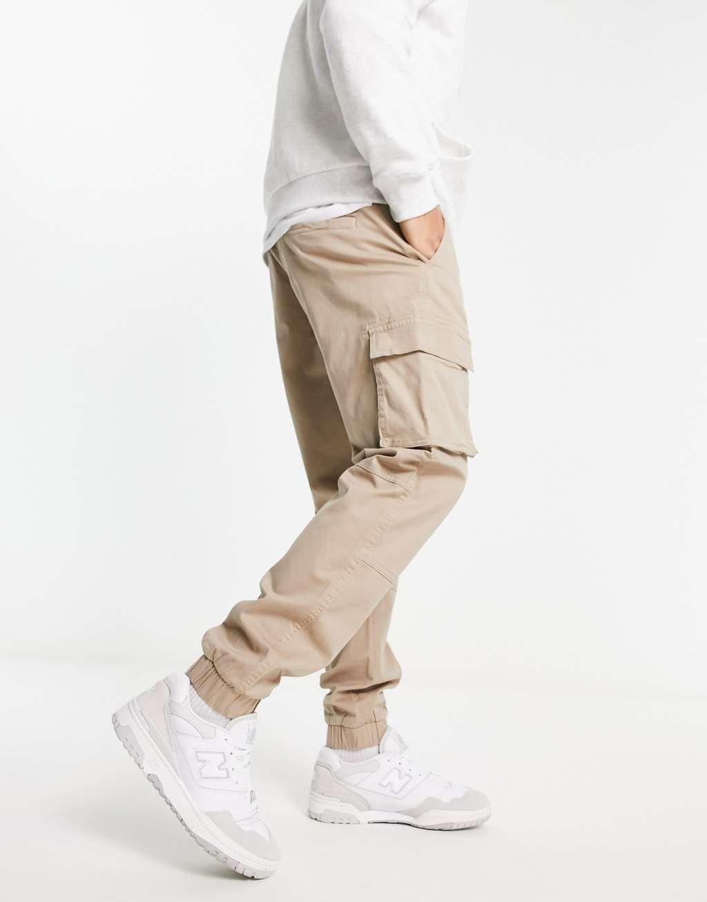 Only & Sons cuffed tapered fit cargo pants in stone product image