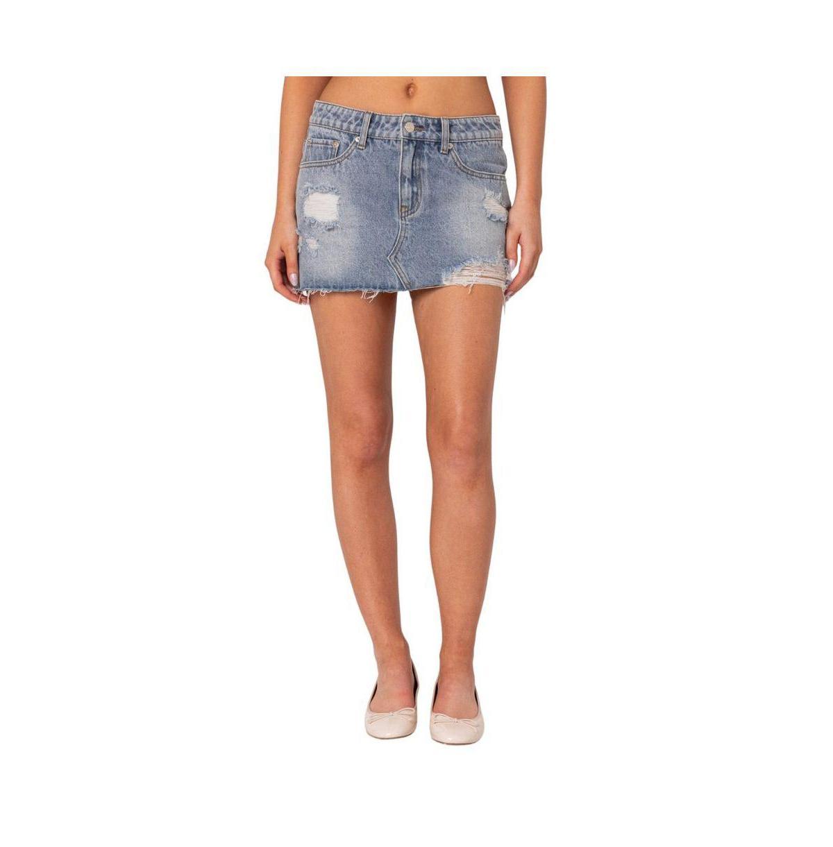 Edikted Womens Ginnie Low Rise Distressed Denim Mini Skirt product image