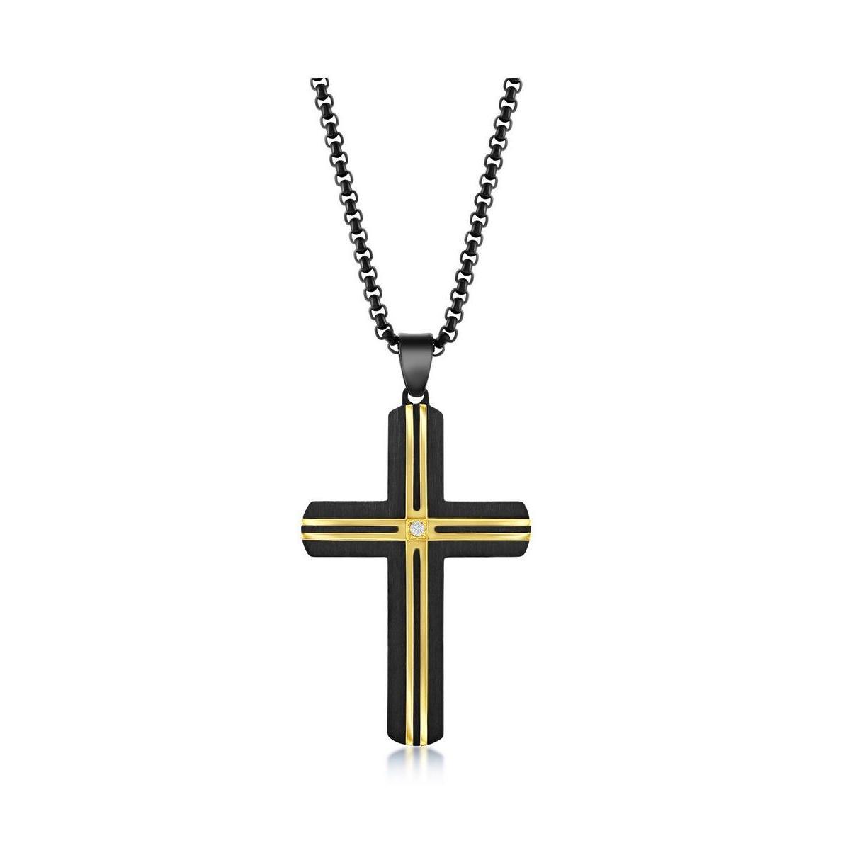 Mens Stainless Steel Black Lined Single Cz Cross Necklace - Gold Product Image