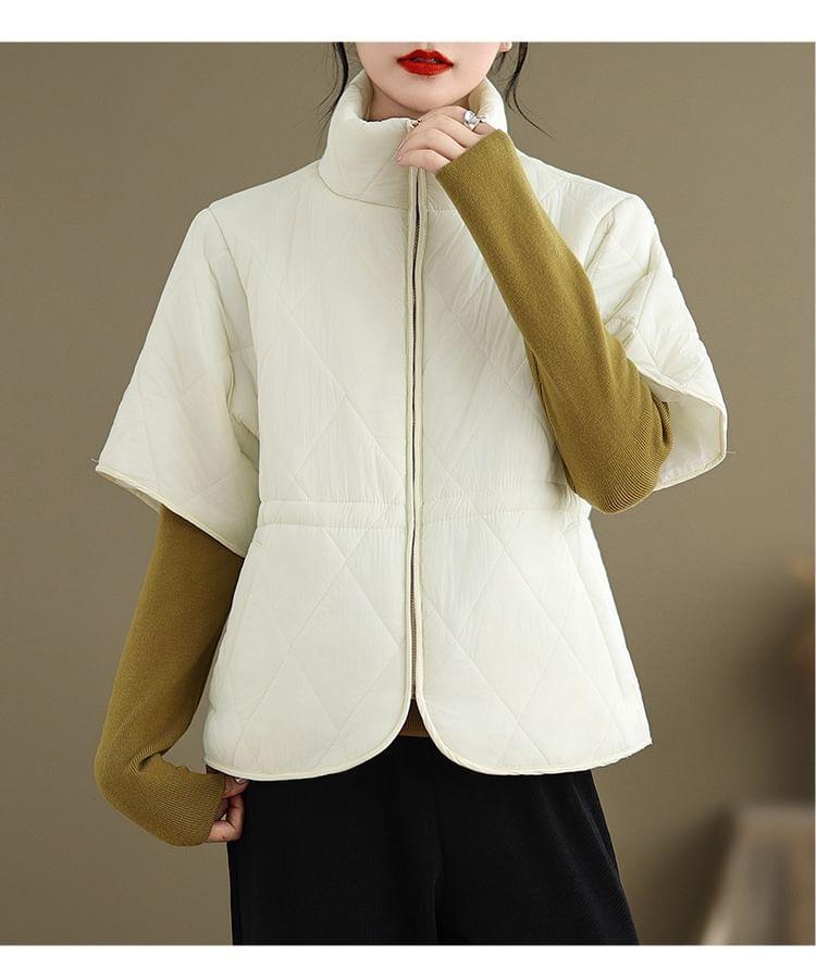 Short Sleeve Stand Collar Plain Quilted Drawstring Waist Zip Jacket Product Image