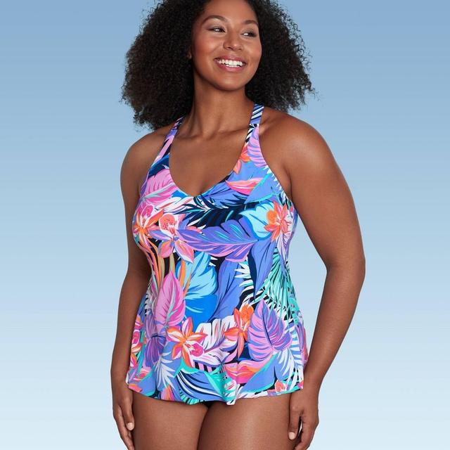 Womens UPF 50 V-Neck Tankini Top - Aqua Multi Tropical Print Product Image