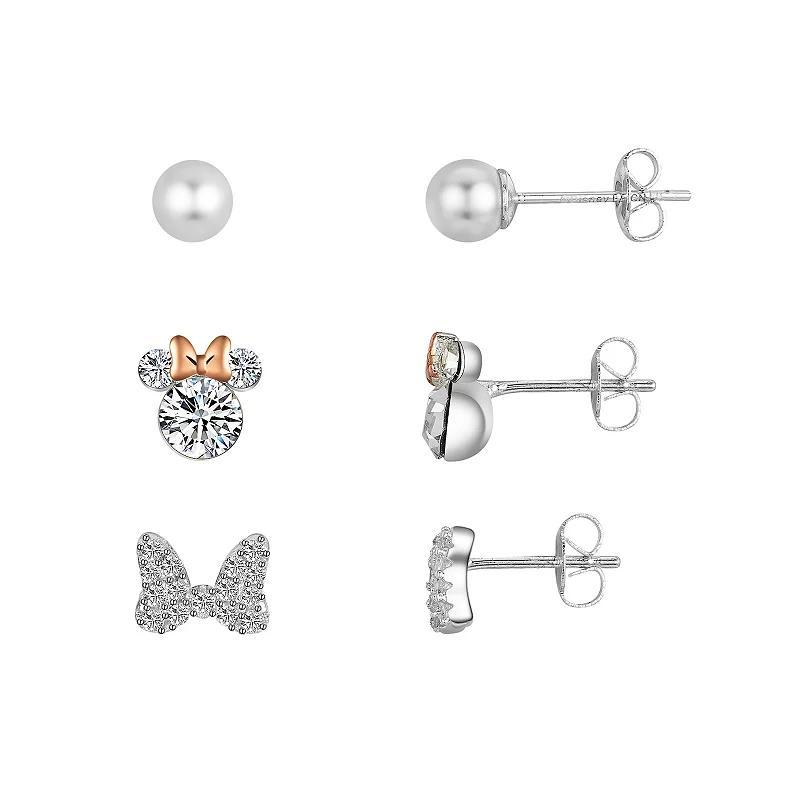 Disneys Minnie Mouse Bow Two Tone Simulated Pearl Stud Earring Trio Set, Womens Product Image