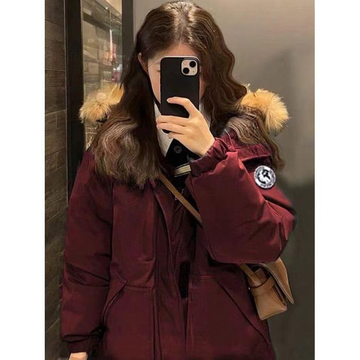 Fluffy Trim Hooded Plain Zip Up Puffer Jacket Product Image