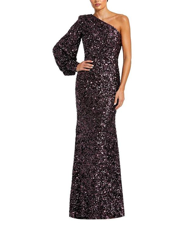 Mac Duggal Sequin Asymmetrical One Long Bishop Sleeve Sheath Gown Product Image