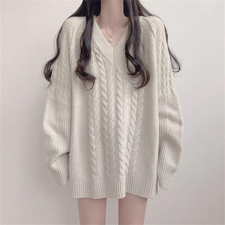 V-Neck Plain Cable-Knit Oversized Sweater Product Image